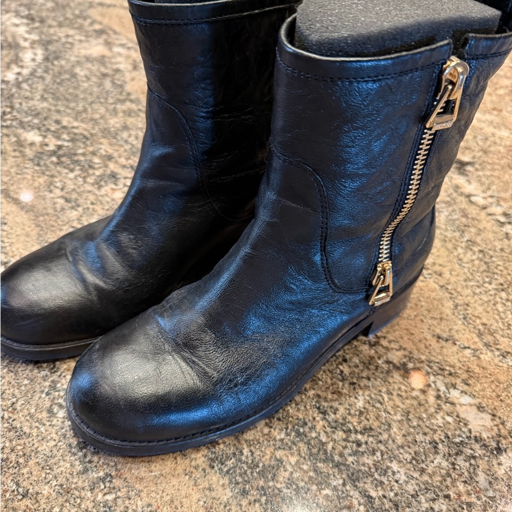 Jimmy Choo Black Leather Ankle Boots with Gold Zipper